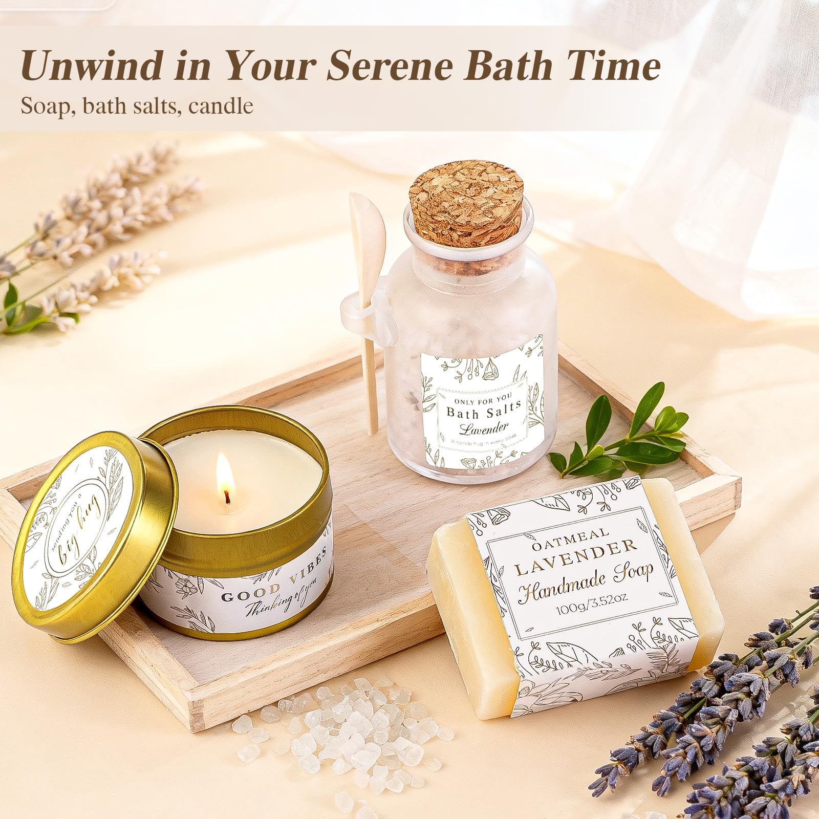 loscola handmade soap and salts arranged to suggest calming, gentle bathing