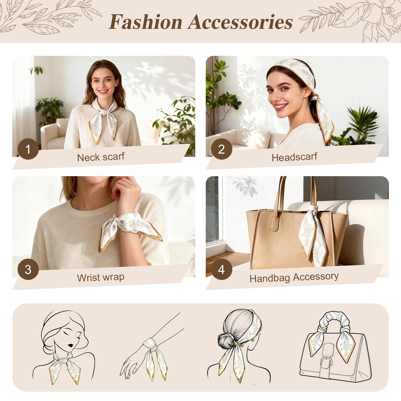 loscola satin scarf styling as headscarf and accessory adding versatile elegance