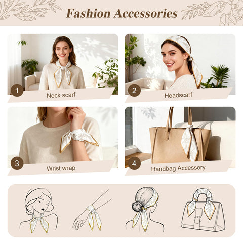 loscola satin scarf styling as headscarf and accessory adding versatile elegance