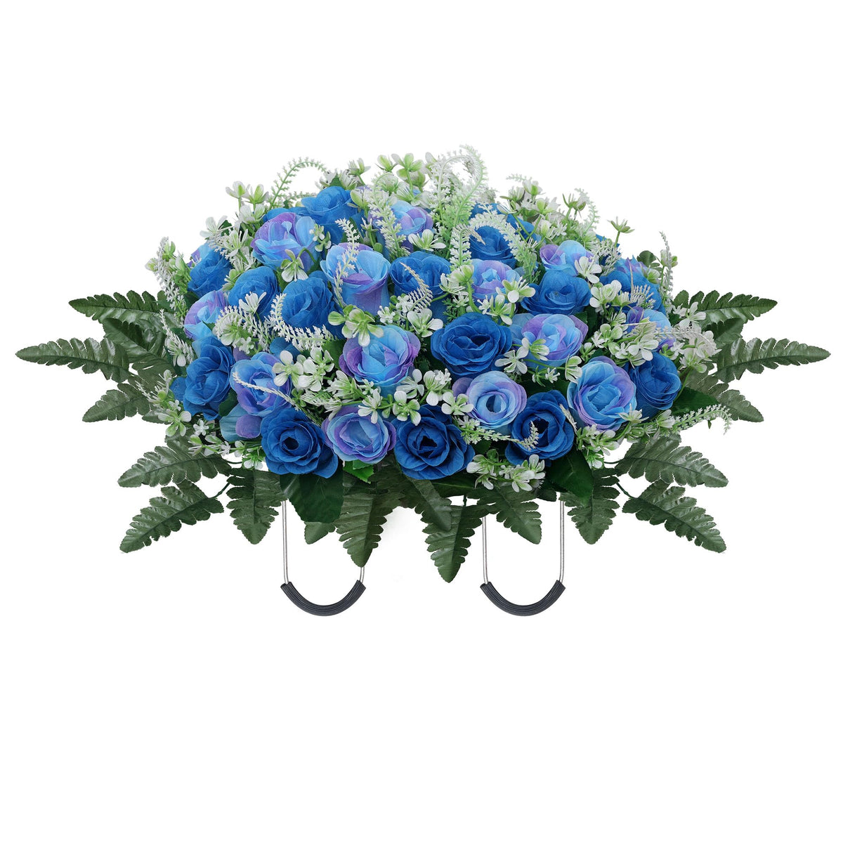 LOSFOTBO front view of blue headstone flower saddle showing full arrangement and dignified look