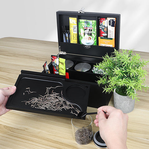 lotmusic box on a nightstand in a bedroom scene showing stylish storage use