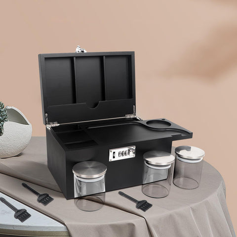 lotmusic open box revealing removable tray and three glass jars for organized storage