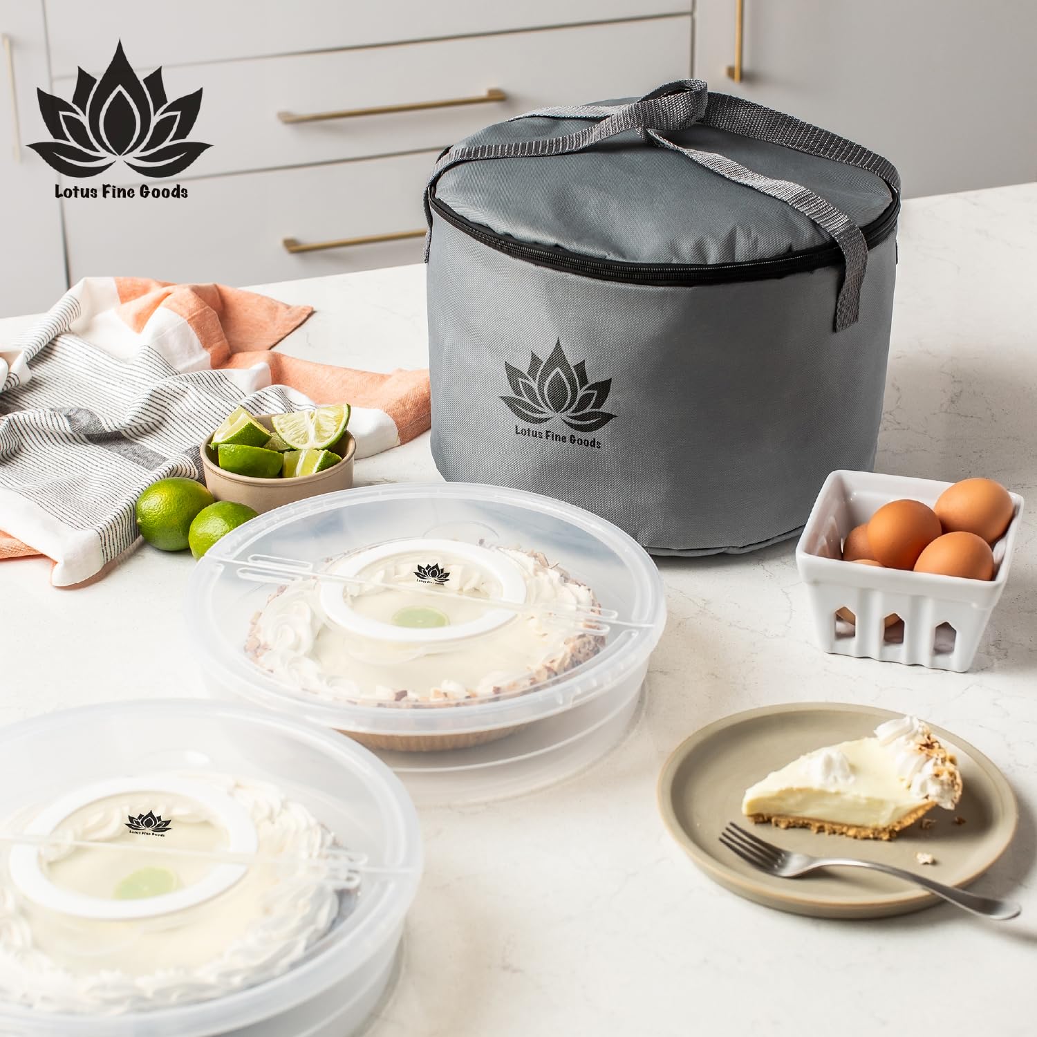 Lotus Fine Goods 12 inch pie secured inside closed container to prevent crushing