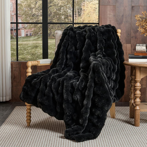 Lotus Karen throw front view shows plush black bubble fur and cozy appeal