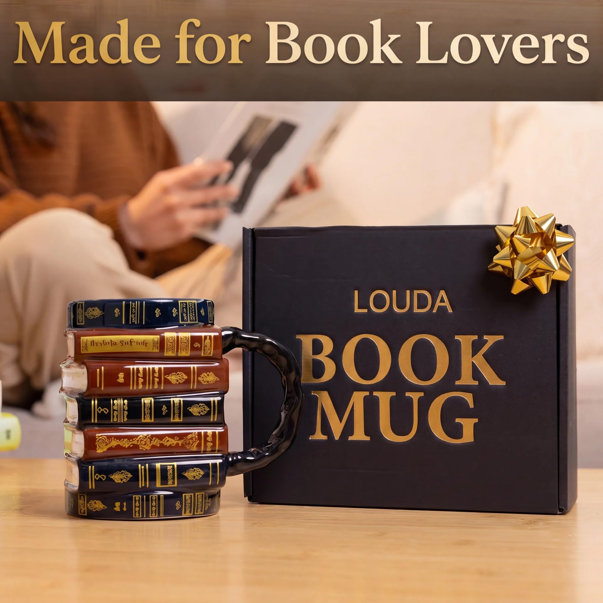 LOUDA mug on a bookshelf among novels adding decorative literary flair