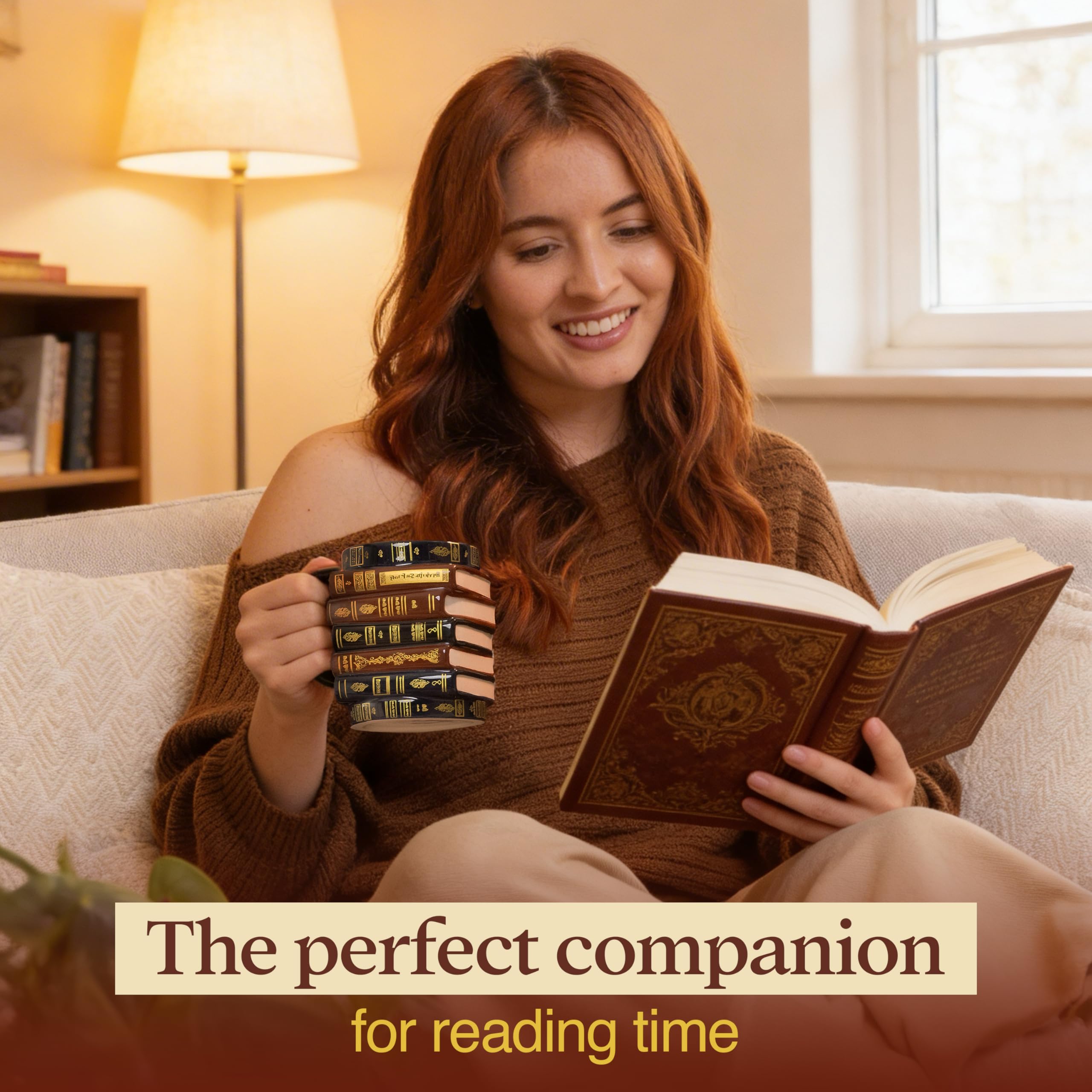 LOUDA mug filled with coffee on table conveying cozy reading ritual benefit