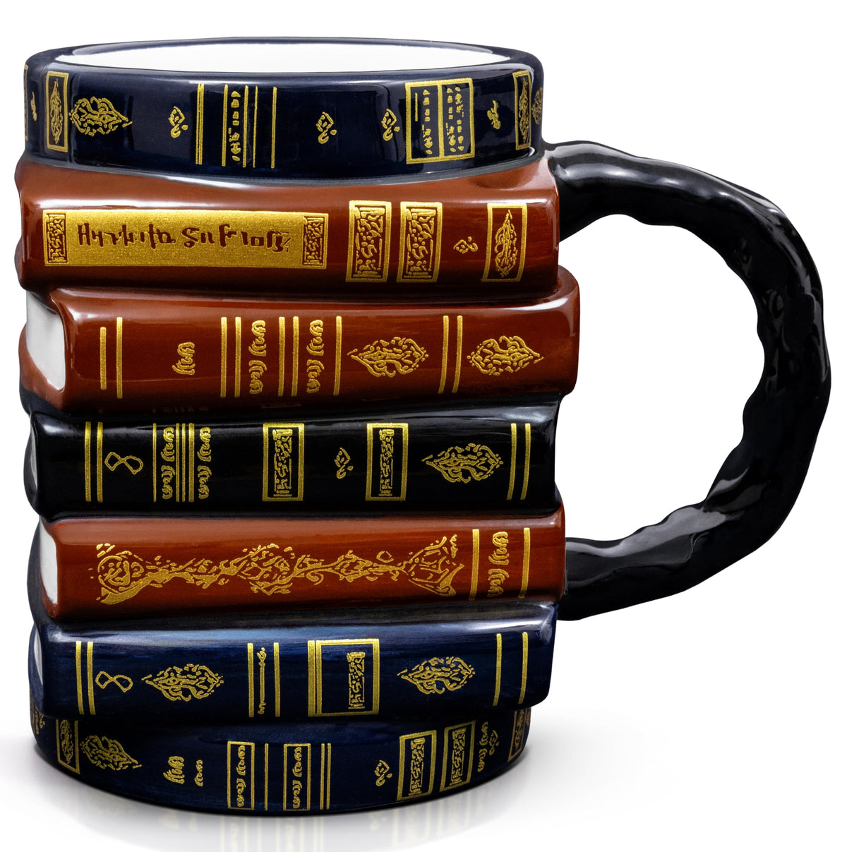 LOUDA front view of stacked books mug shows sculpted covers and vintage charm