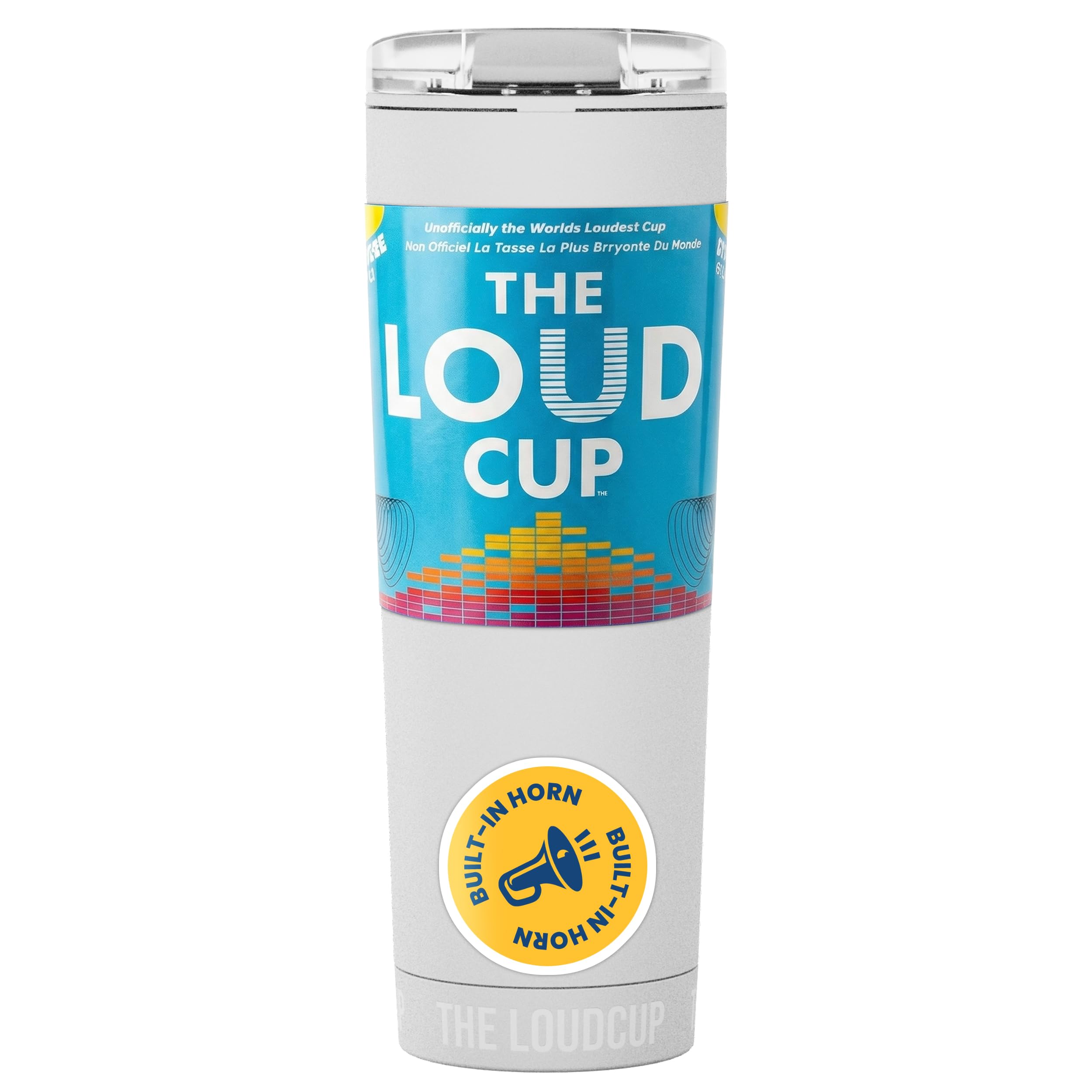 LoudCup front view ice white showing tumbler shape and logo, easy recognition benefit