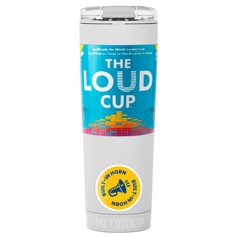 LoudCup front view ice white showing tumbler shape and logo, easy recognition benefit