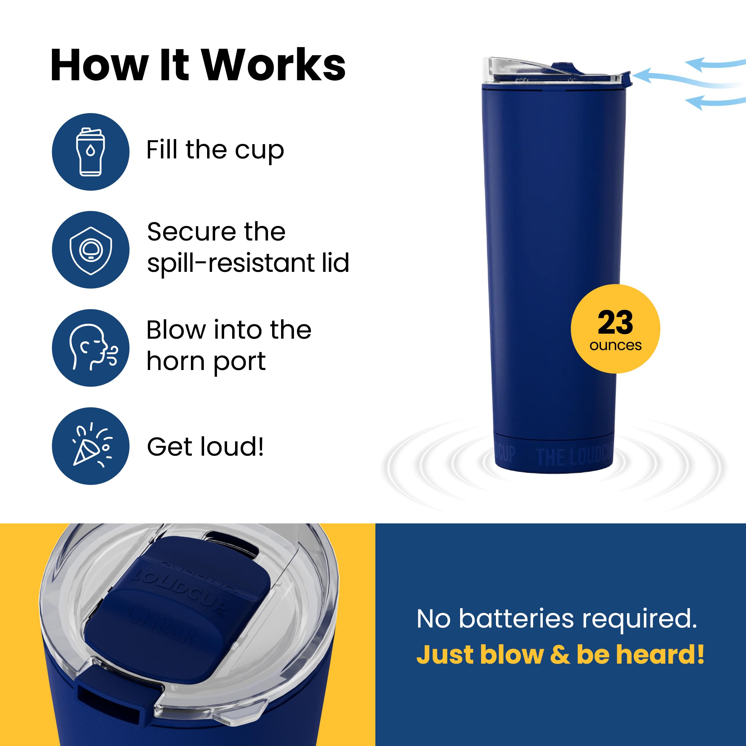 Loud Cup tapered base seated in a car cup holder for secure travel convenience