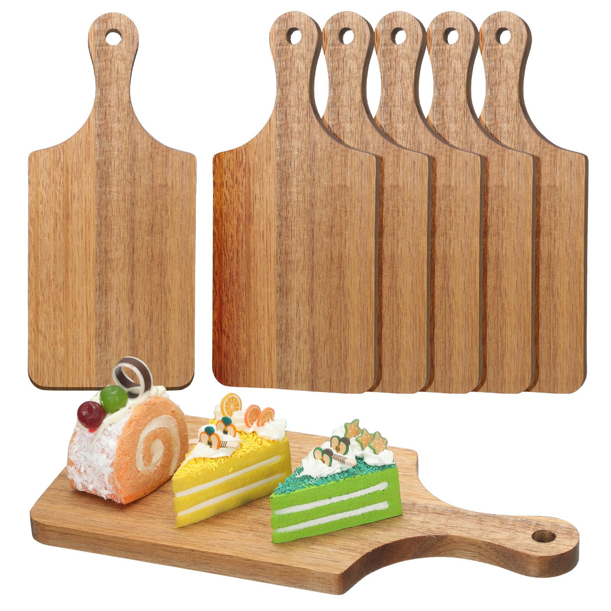 Lounsweer front view of six acacia boards showing tidy storage and coordinated appearance