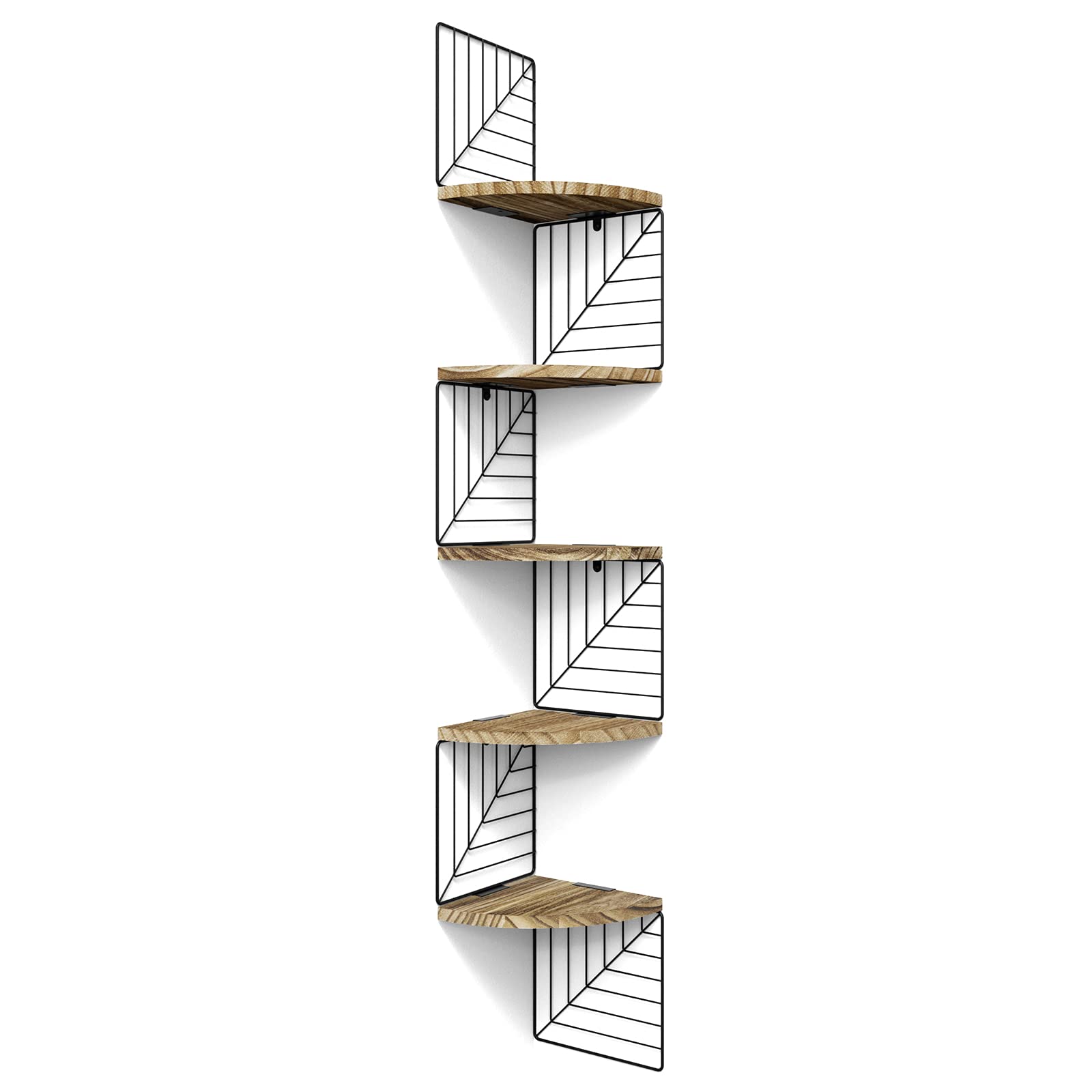 Love-KANKEI front view corner shelf showing carbonized black finish and five tiers for stylish display