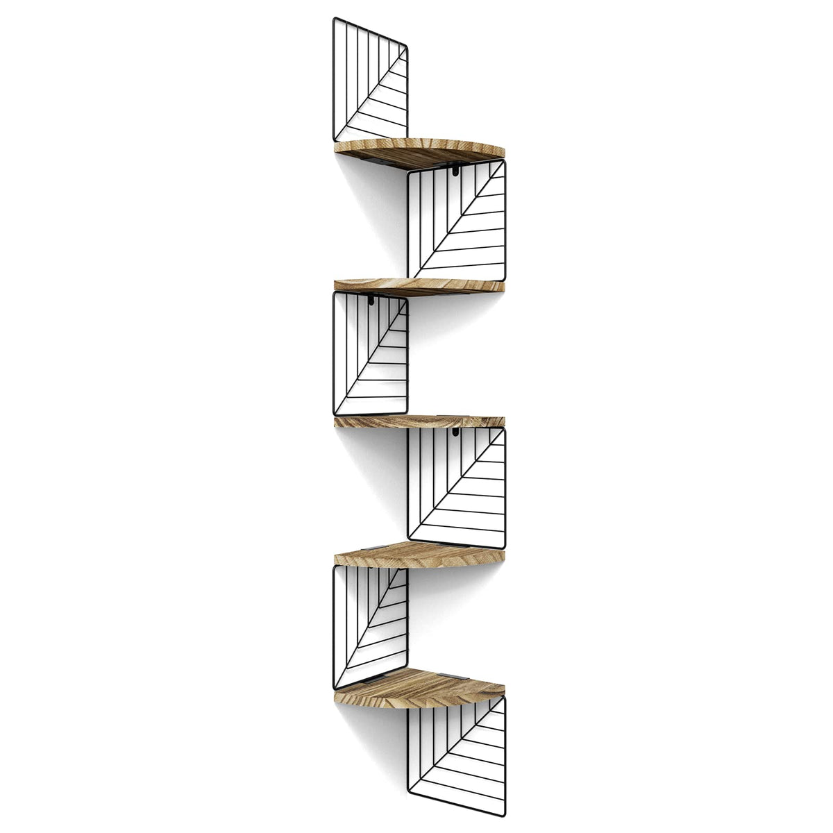 Love-KANKEI front view corner shelf showing carbonized black finish and five tiers for stylish display
