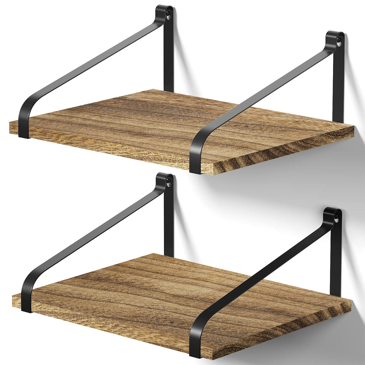 Love-KANKEI front view of two carbonized black floating shelves showing rustic finish and size benefit