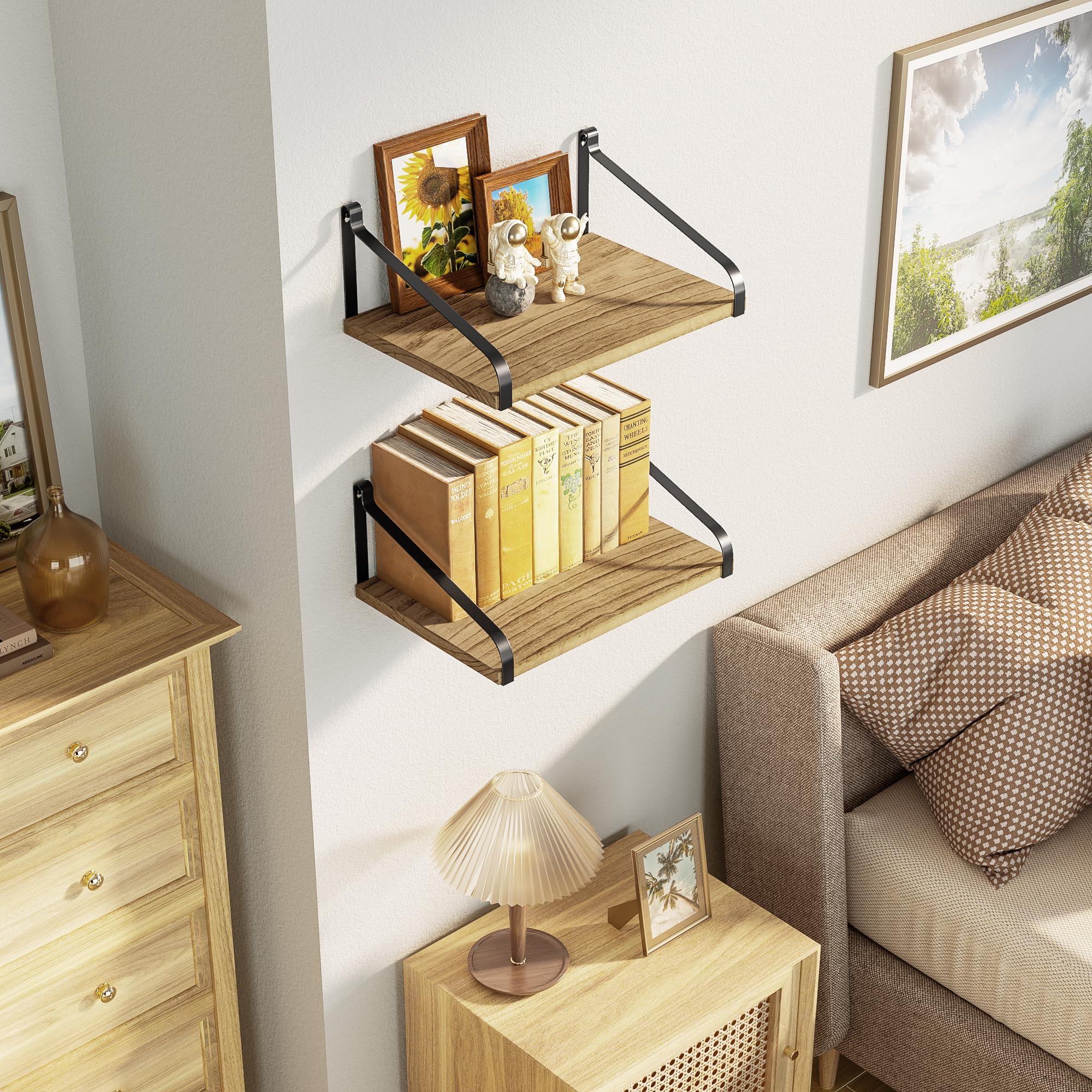Love-KANKEI shelves mounted in living room displaying decor and saving floor space benefit