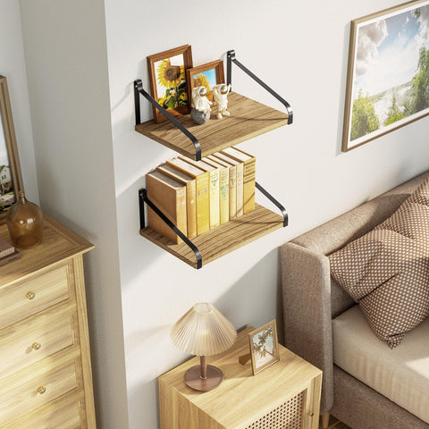 Love-KANKEI shelves mounted in living room displaying decor and saving floor space benefit