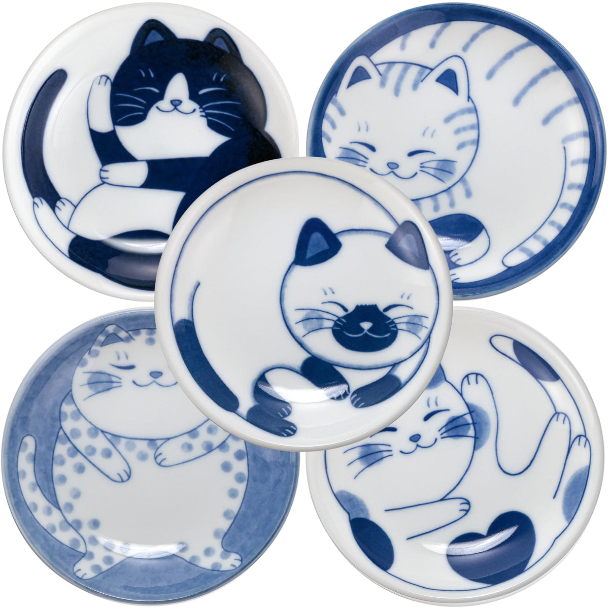 LOVE LOVE JAPAN front view of five cat plates, cheerful table styling