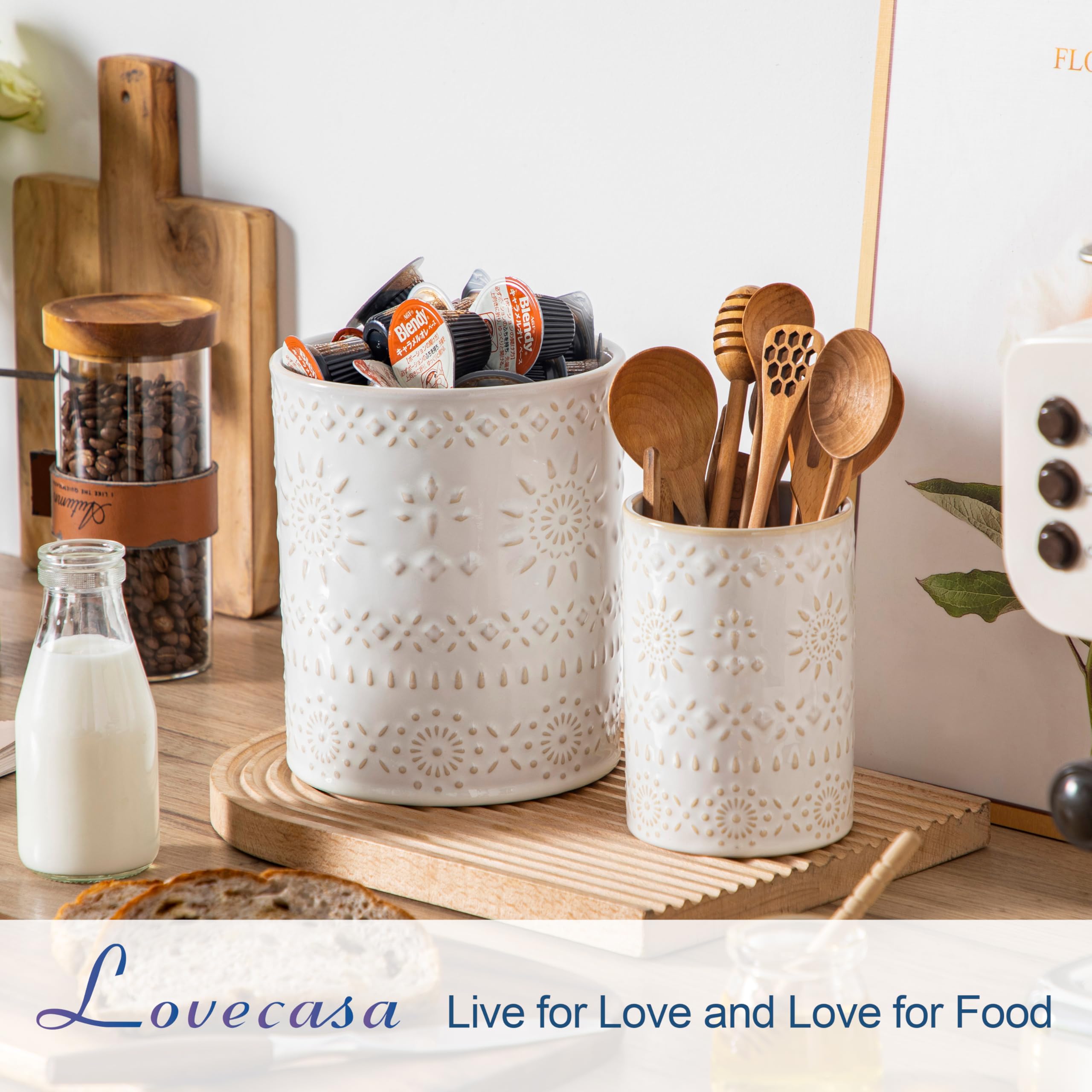 LOVECASA crocks on a kitchen counter adding vintage charm and countertop organization