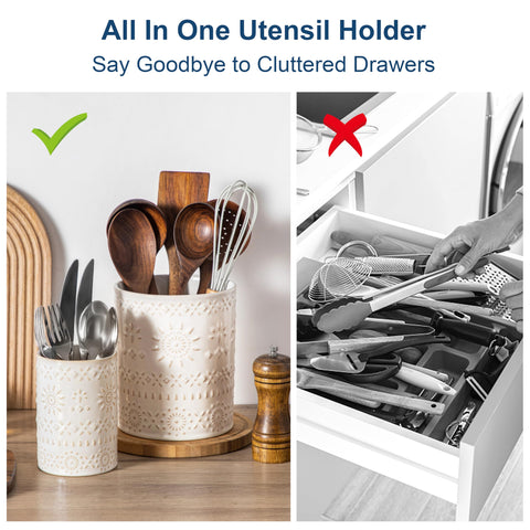LOVECASA tall crock beside spatulas showing scale and generous capacity