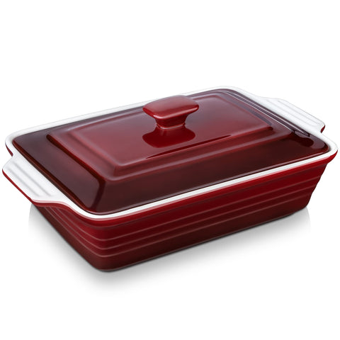 LOVECASA front view of gradient red 9x13 pan showing sleek finish and presentation benefit