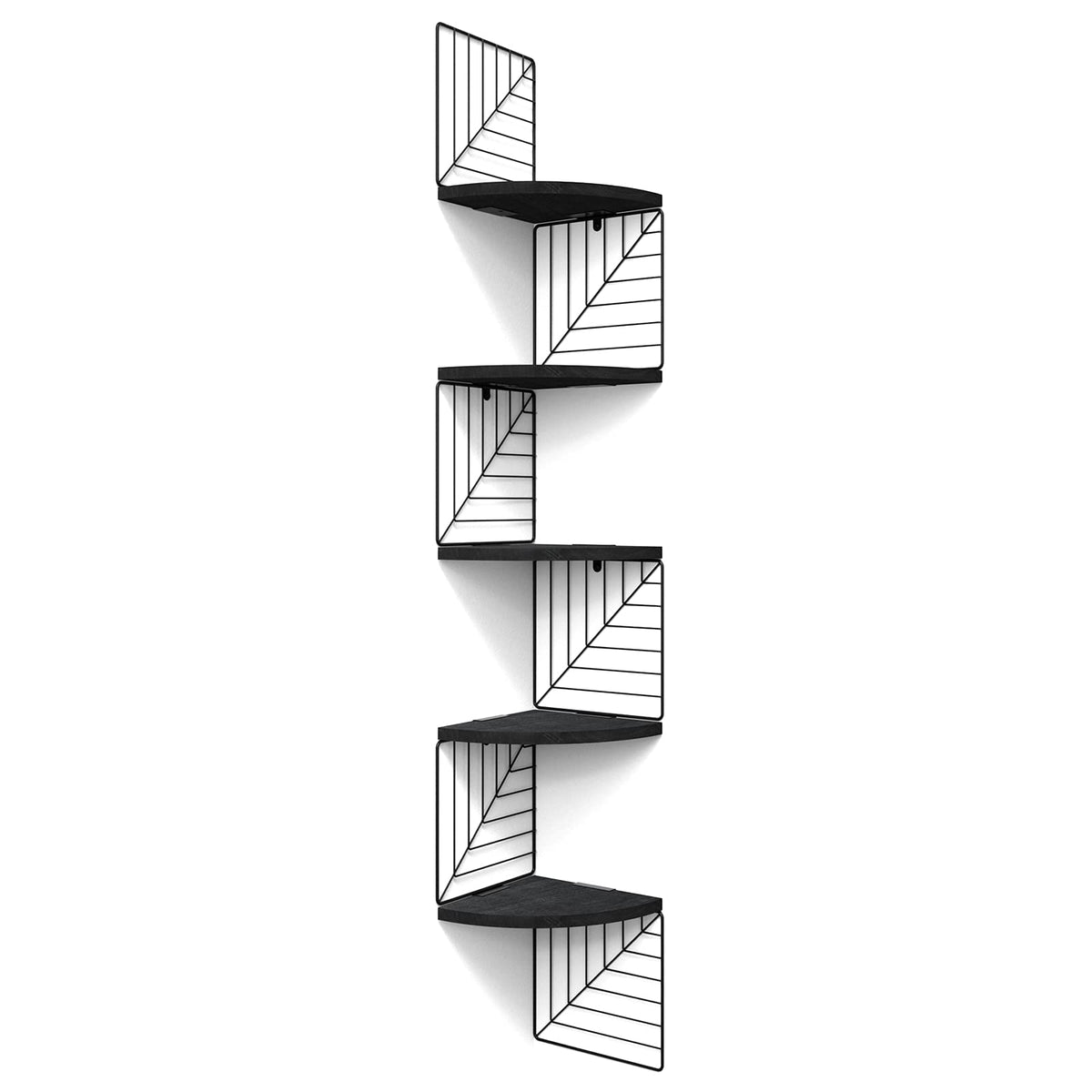 Love-KANKEI front view showing five-tier corner shelf and rustic finish benefits space-saving