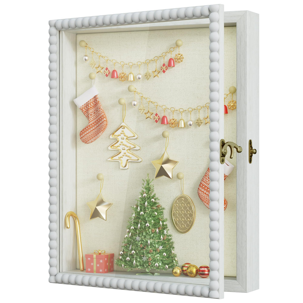 Love-KANKEI front view white frame showing elegant beads and display benefit