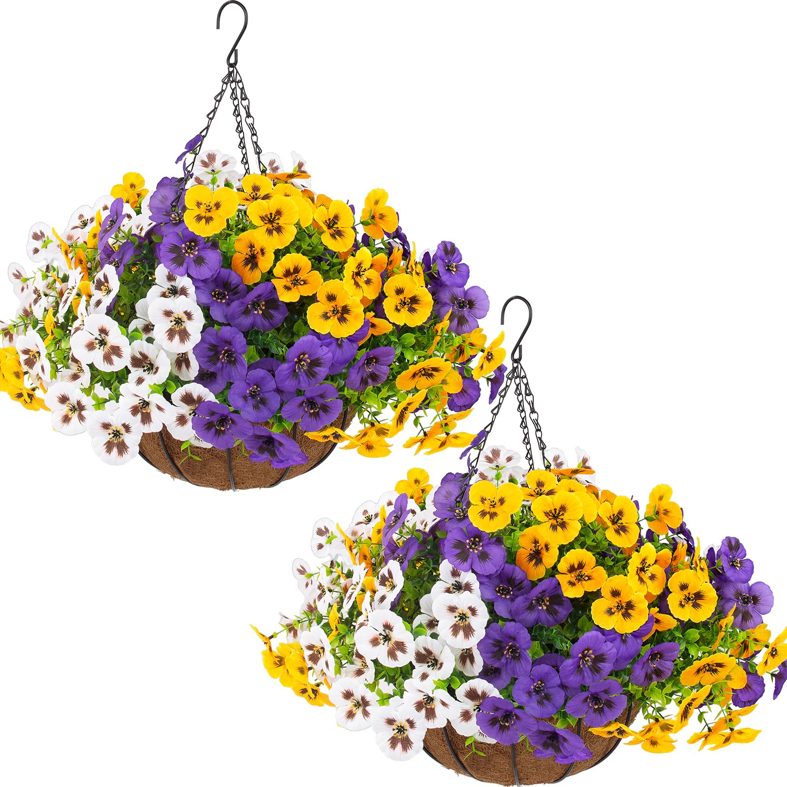 lovemoon front view of two hanging pansy baskets showing vibrant curb appeal