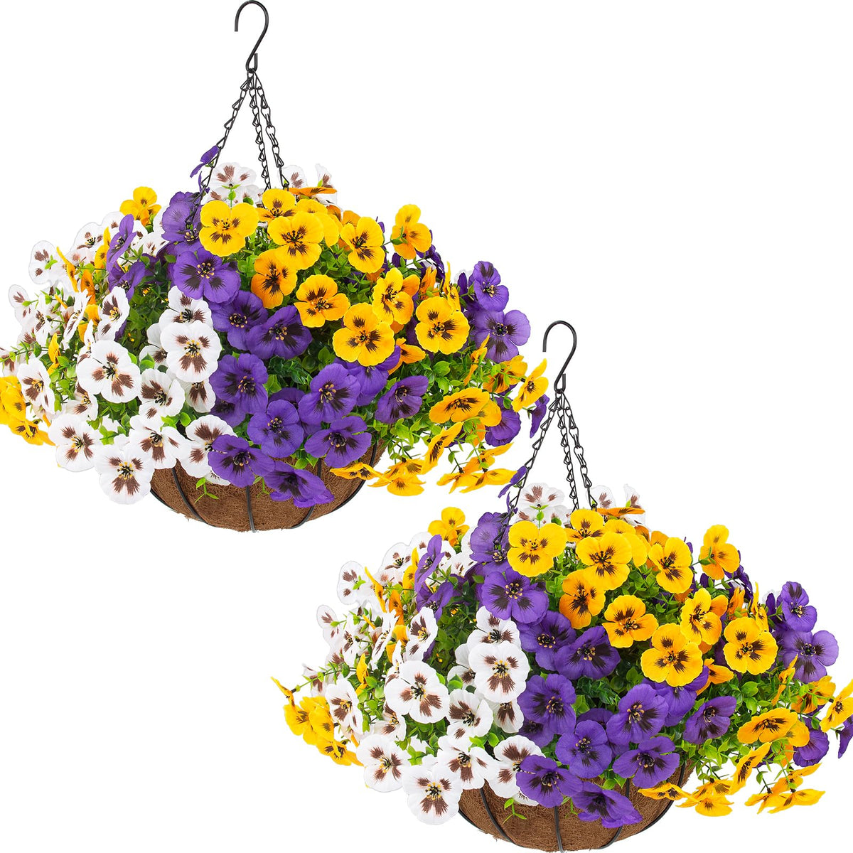 lovemoon front view of two hanging pansy baskets showing vibrant curb appeal