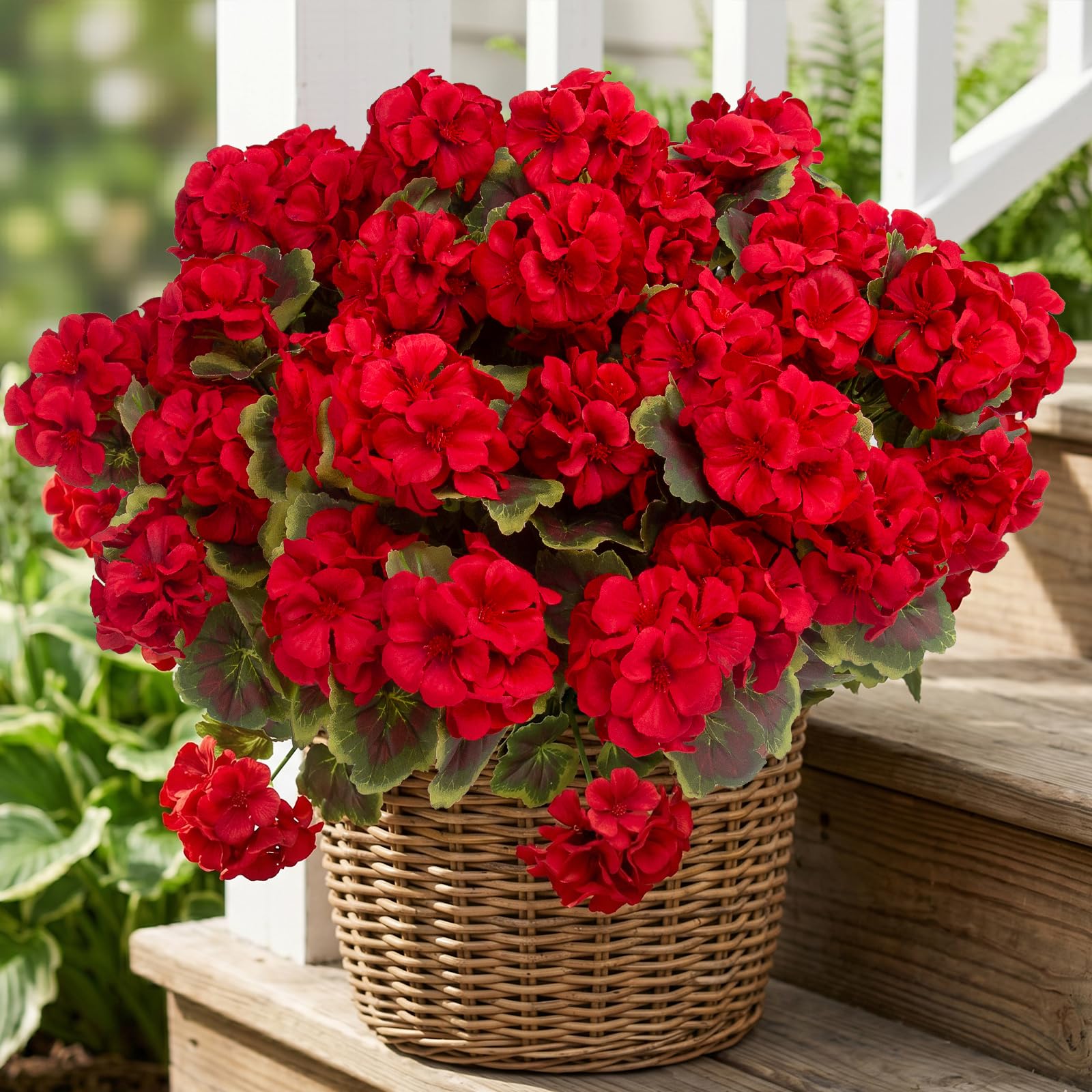 lovemoon front packaging showing eight red geranium stems and benefits of immediate decor
