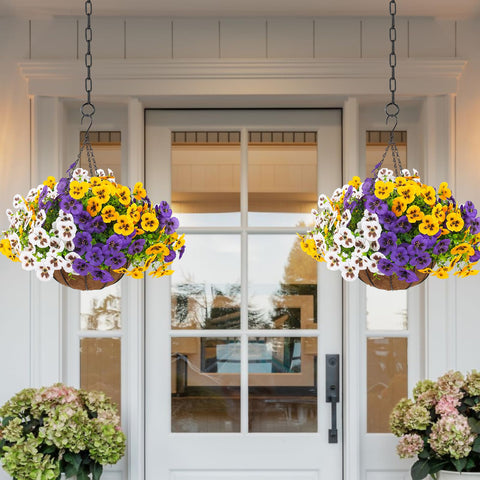 lovemoon pansy baskets hung on a porch adding instant seasonal charm