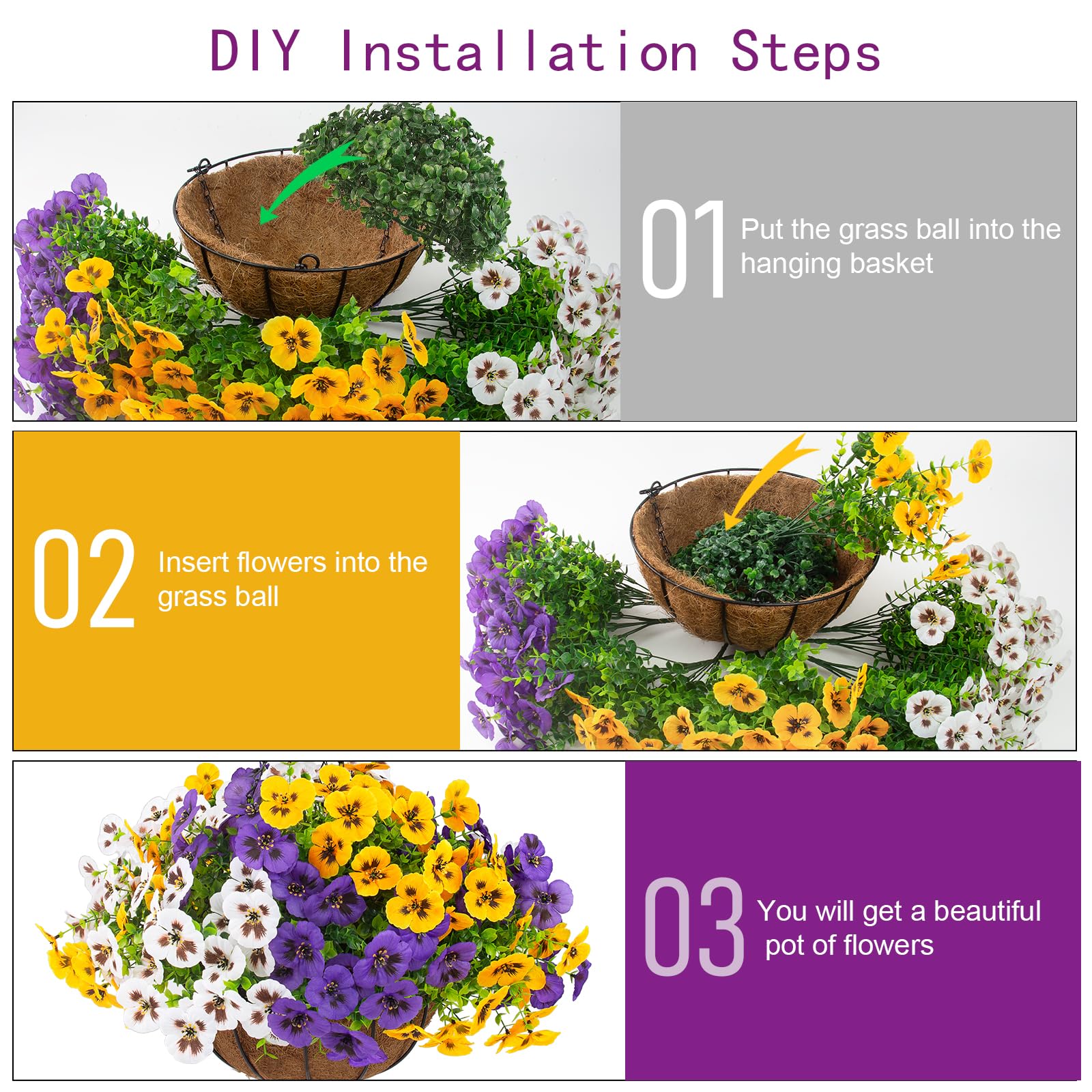 lovemoon mixed white yellow purple pansies creating colorful arrangement