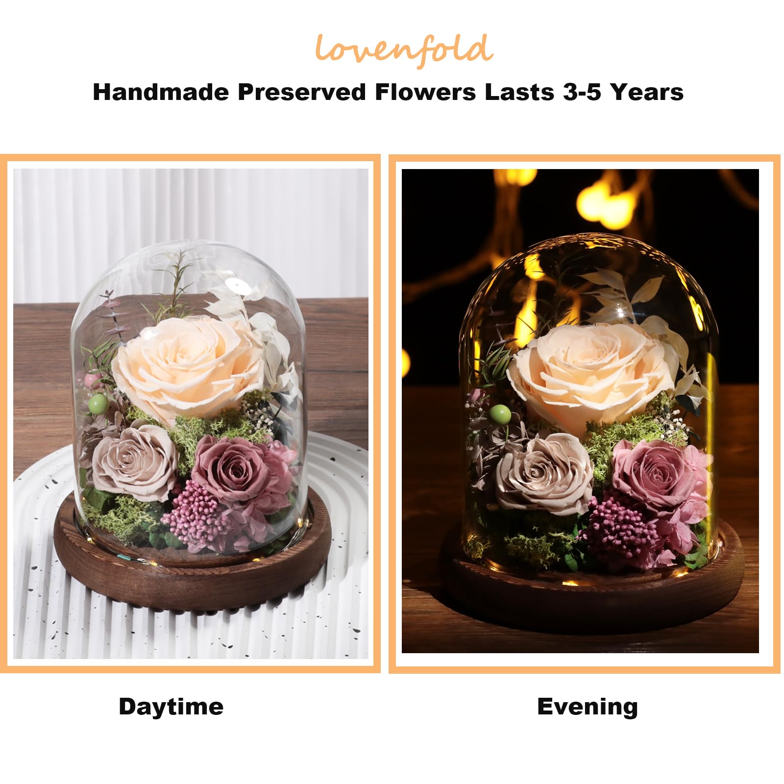 lovenfold wooden base with LED lights illuminating rose for ambient display benefit