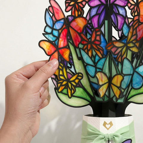Lovepop bouquet on a sunny windowsill casting rainbow hues across a desk for cheerful decor