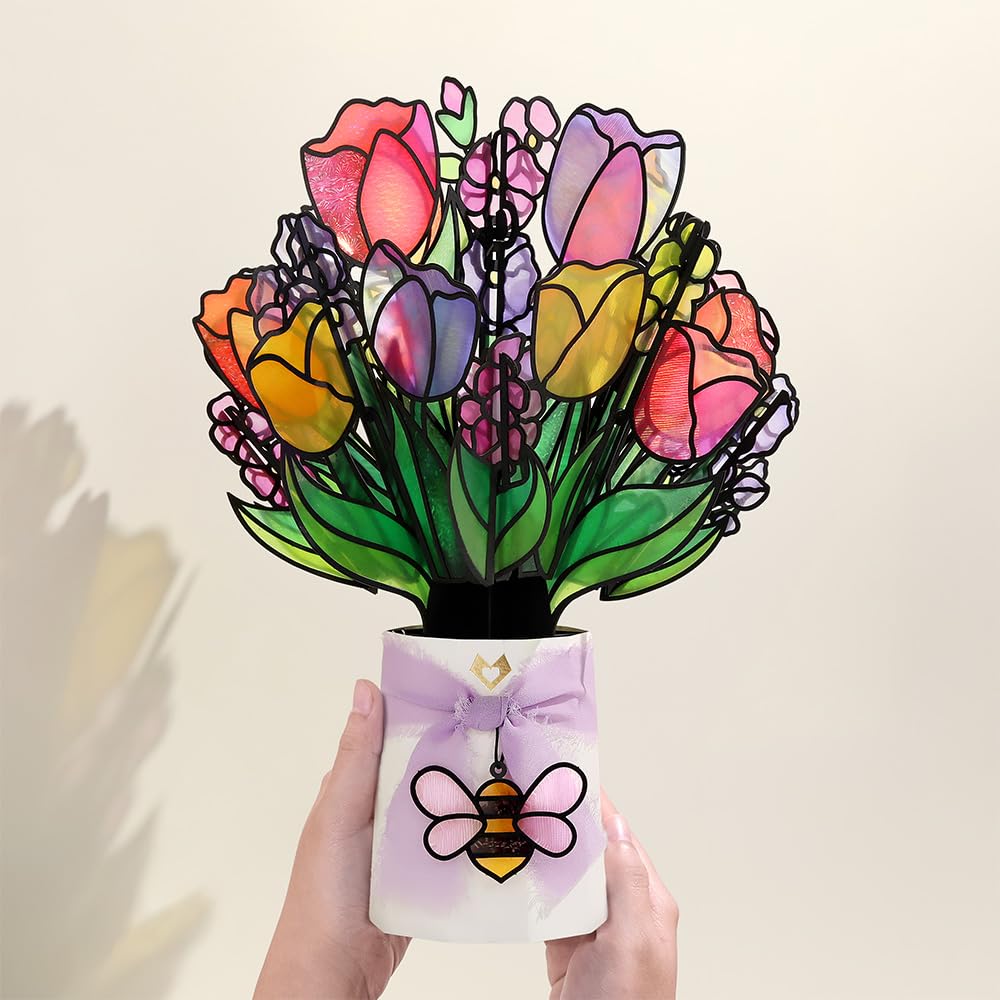 Lovepop front view showing 3D tulip bouquet brightening a room