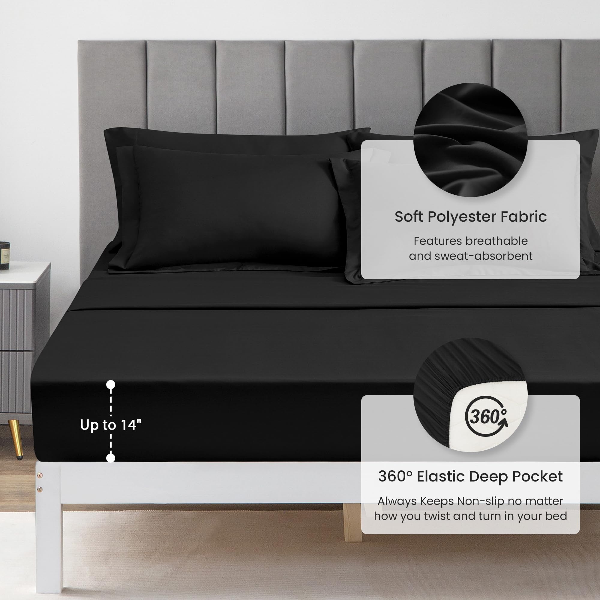 Love's cabin styled bedroom with black bedding creating a cozy modern atmosphere