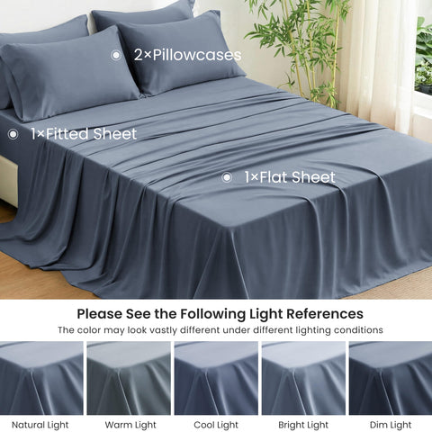 Styled bedroom with Love's cabin bluish grey sheets, calming atmosphere boosts rest