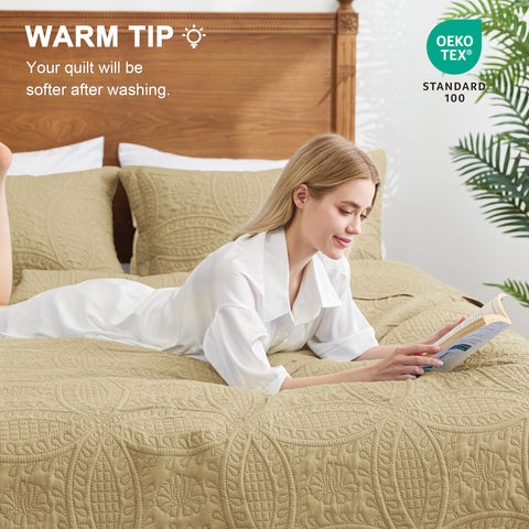 Love's cabin quilt styled on bed in room for a cozy modern look