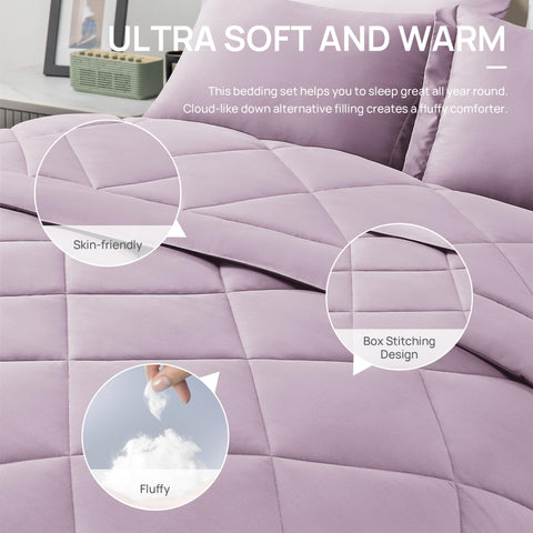 Love's cabin styled bedroom with light purple set creating a relaxing atmosphere