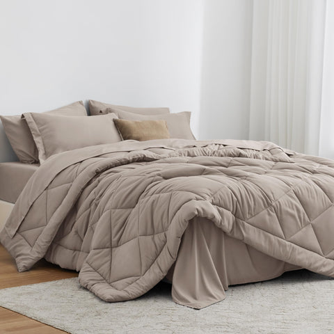 Love's cabin front view of Burlwood comforter set showing coordinated bedding and neat finish