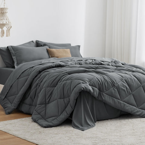 Love's cabin comforter front view showing full dark grey styling and cozy benefit