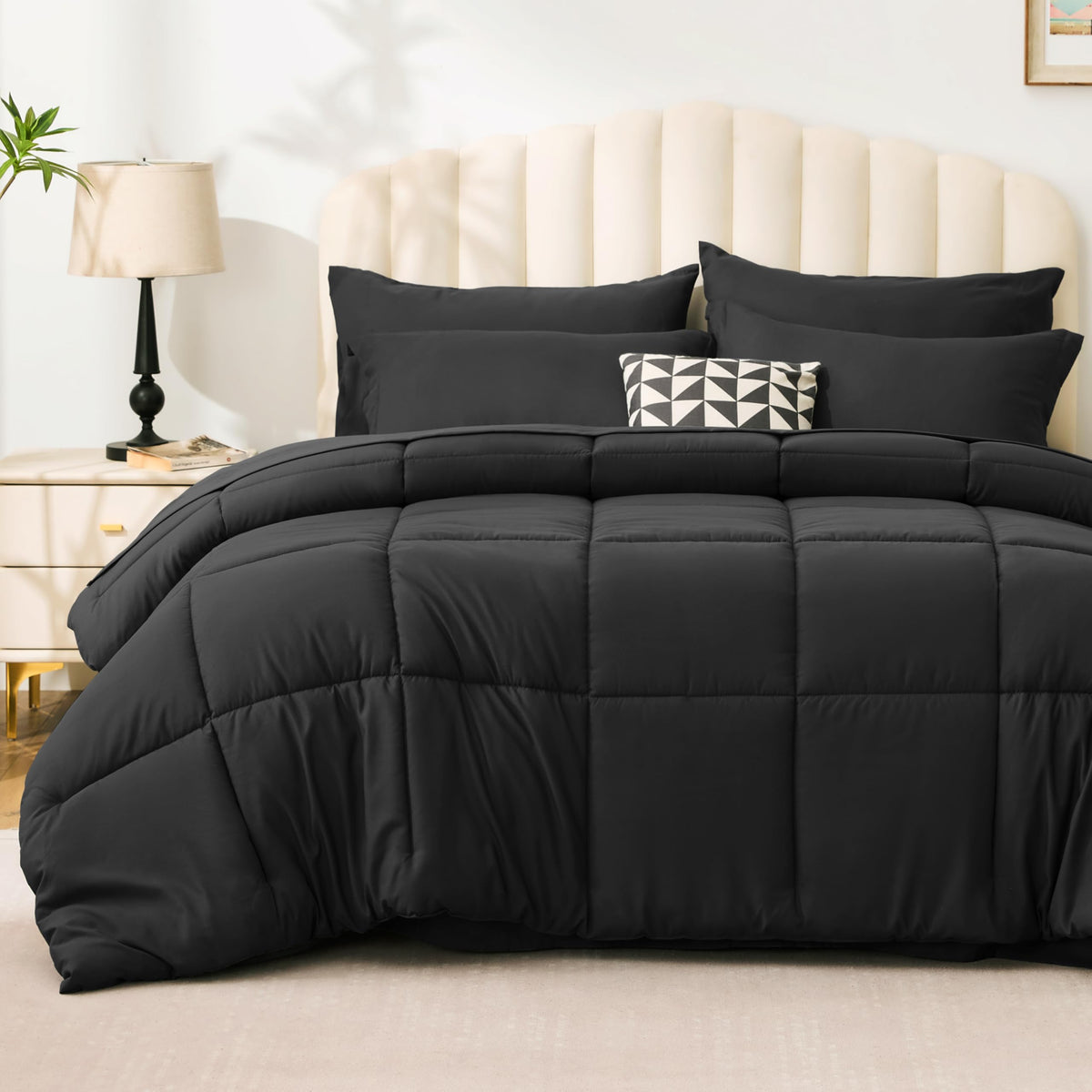 Love's cabin comforter front view showing ash black coordinated set and cozy look