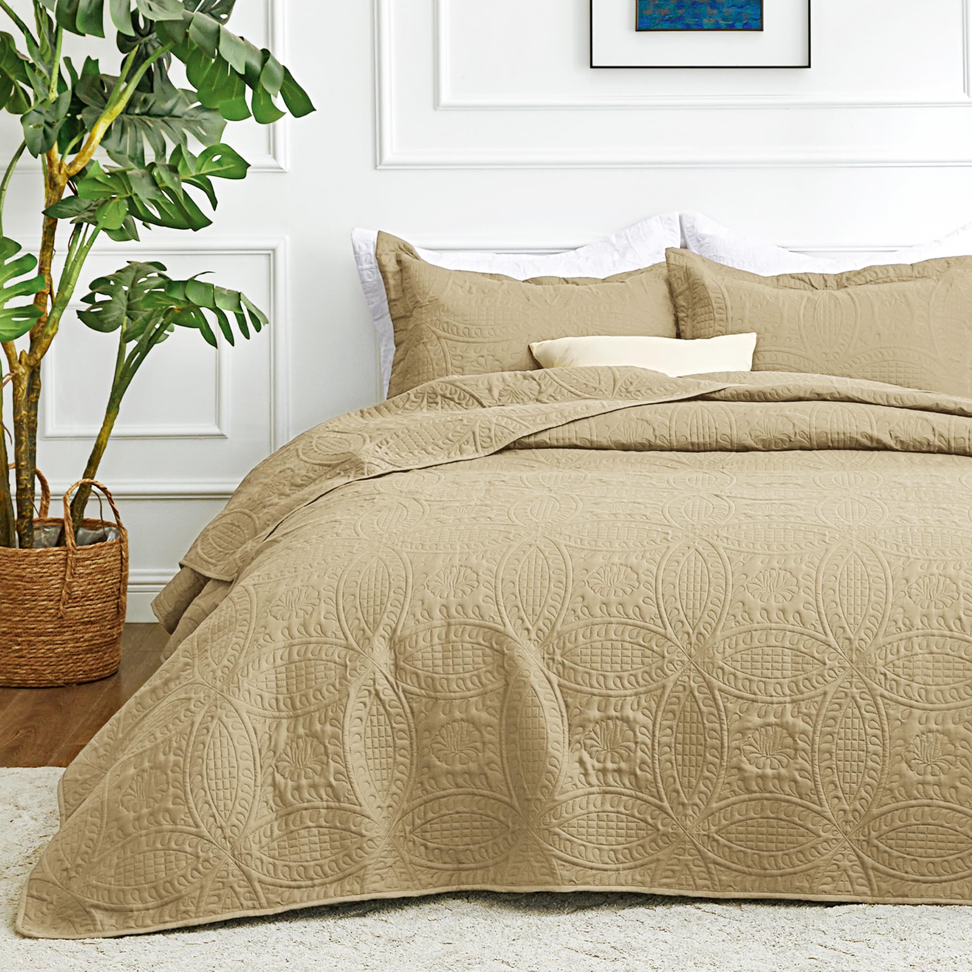 Love's cabin king quilt front view shows clean camel finish and neat coverage