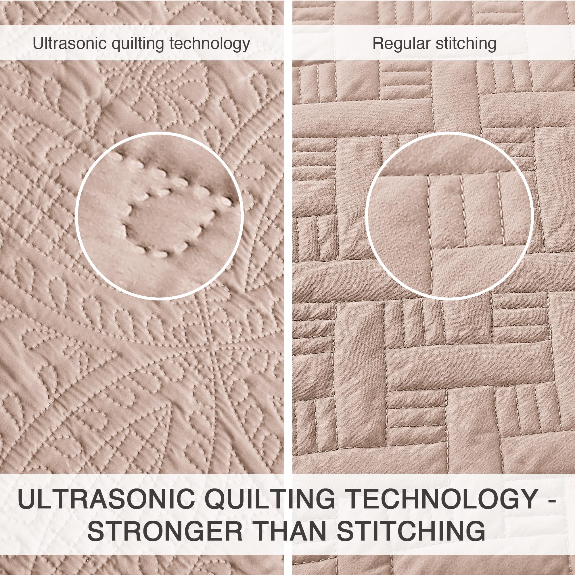 Love's cabin quilt edge construction detail highlighting ultrasonic pressing durability