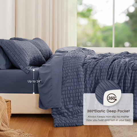 Love's cabin full bedroom scene of the 7-piece set showing coordinated navy bedding benefits