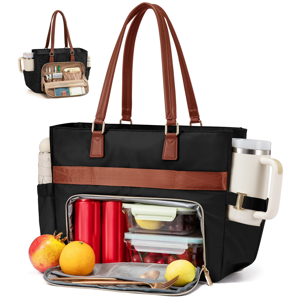 LOVEVOOK front profile tote showing laptop and lunch convenience