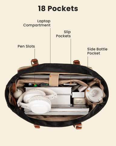 LOVEVOOK size comparison with laptop and lunch boxes illustrating large capacity