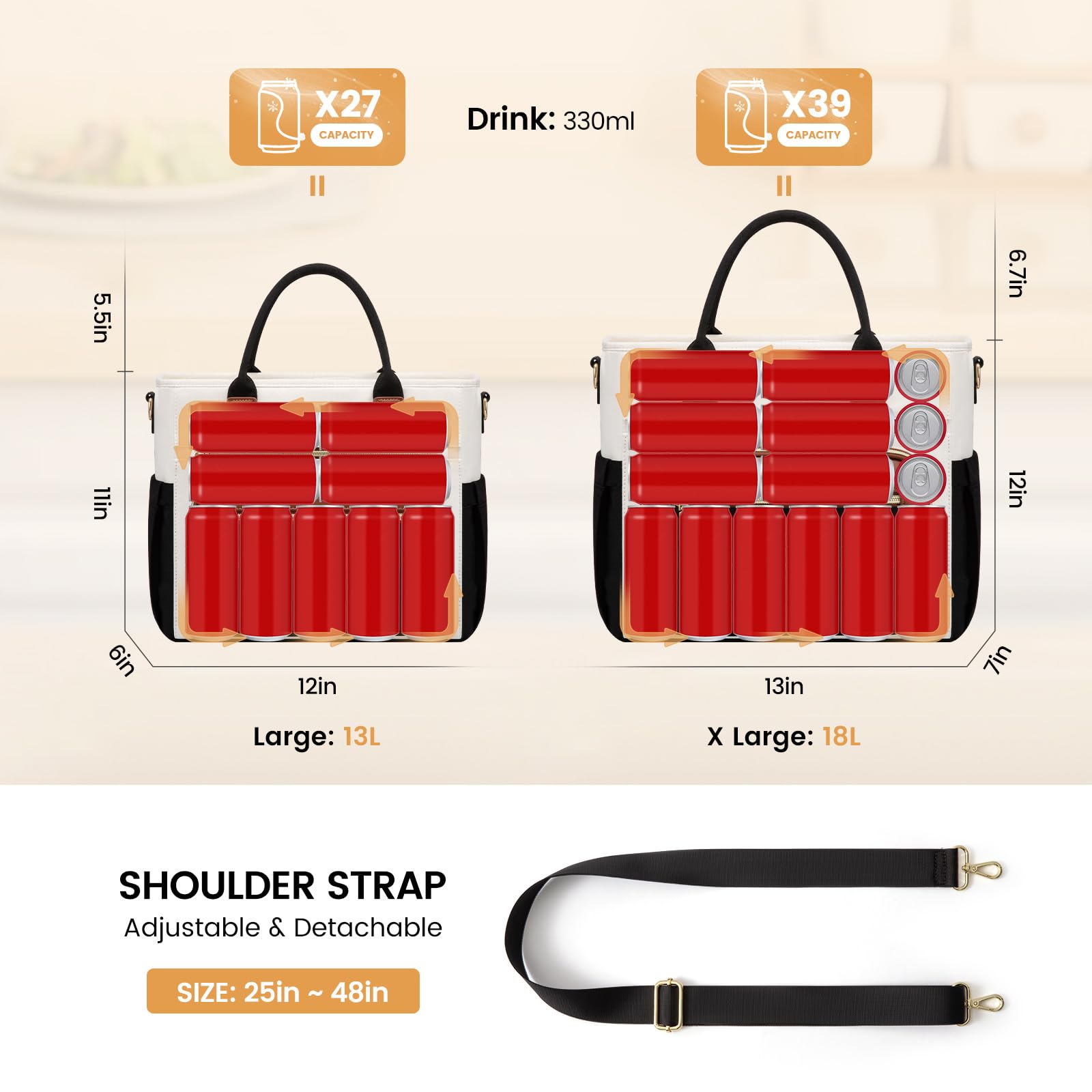 LOVEVOOK lunch bag beside soda cans to show 13L and 18L capacity comparison benefit