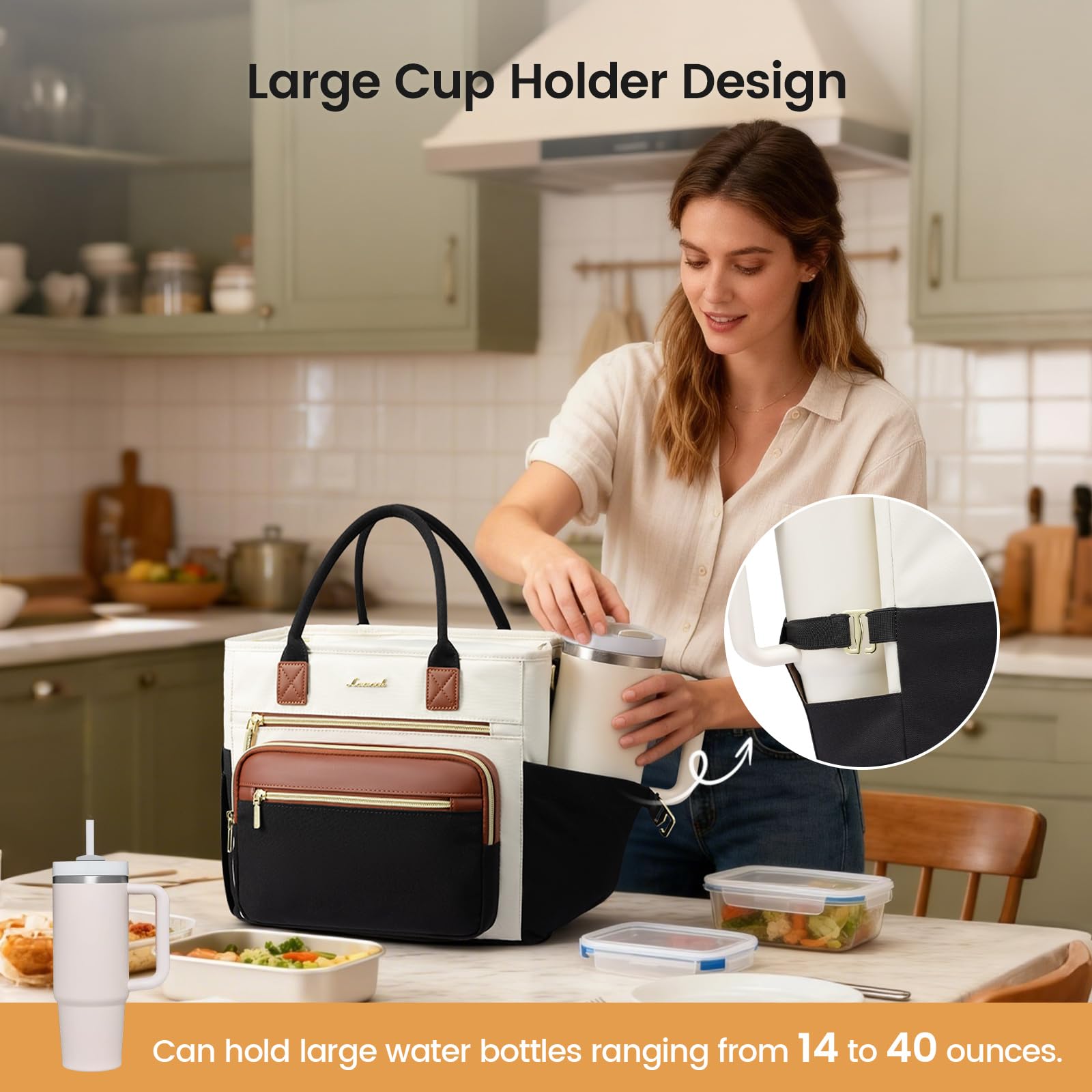 LOVEVOOK close-up of widened tumbler pocket securing a 40oz cup for convenience