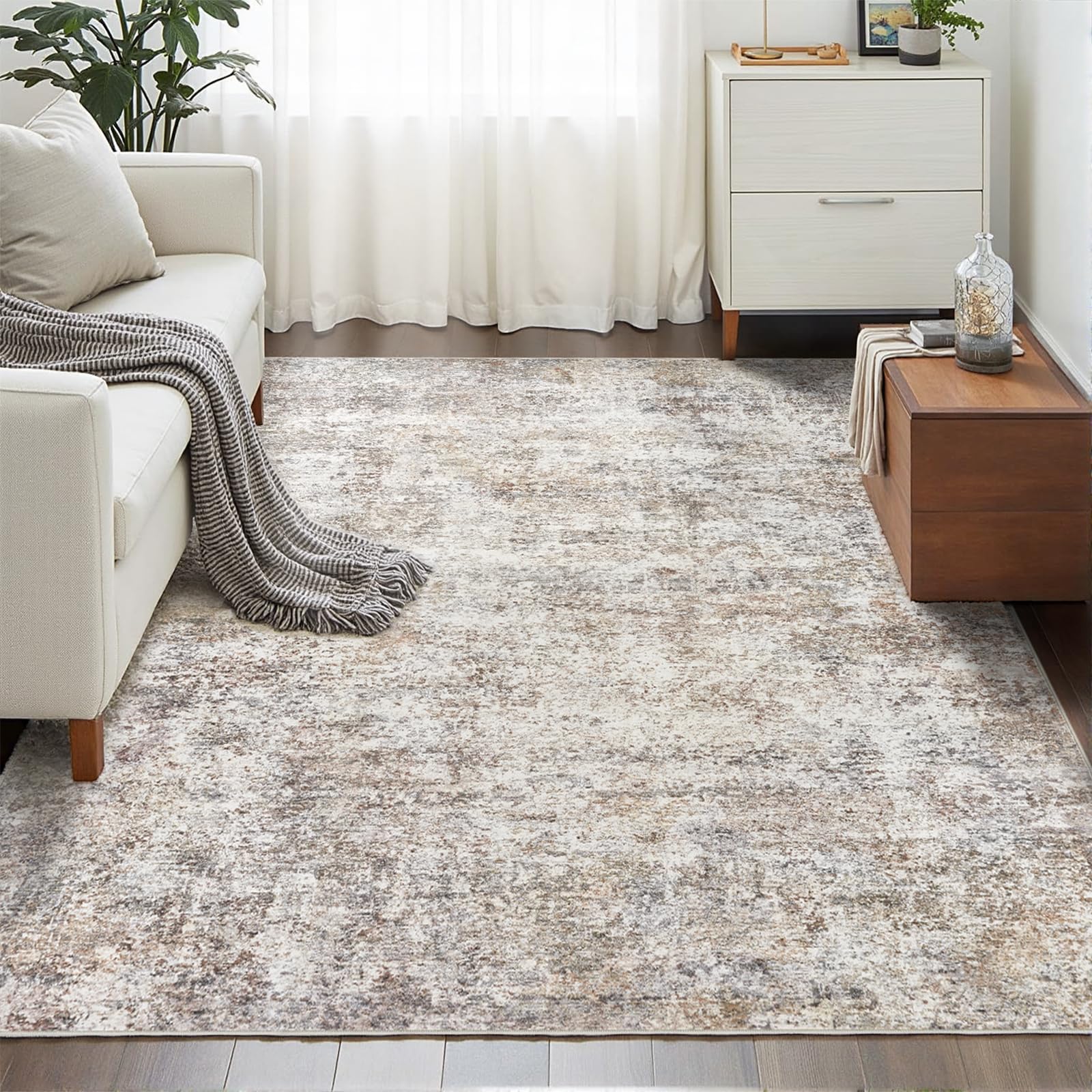 LOVORAL front view of neutral abstract rug showing calm tones and modern style benefit: elevates room decor