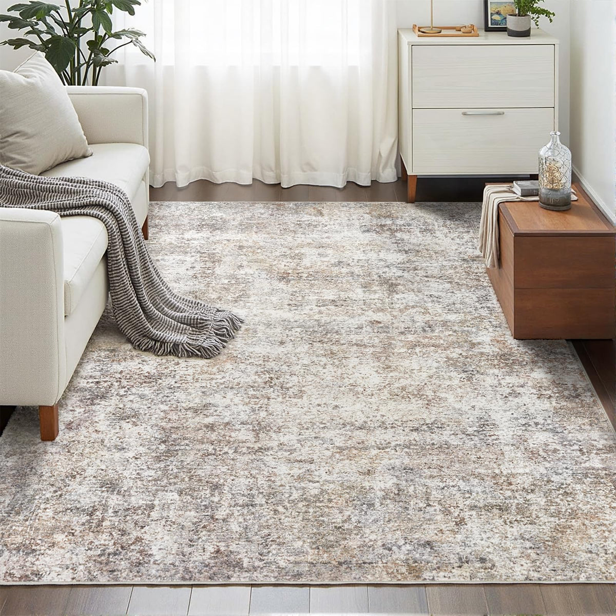LOVORAL front view of neutral abstract rug showing calm tones and modern style benefit: elevates room decor